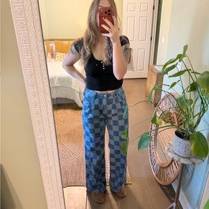 Blue Checkered Wide-Leg Jeans